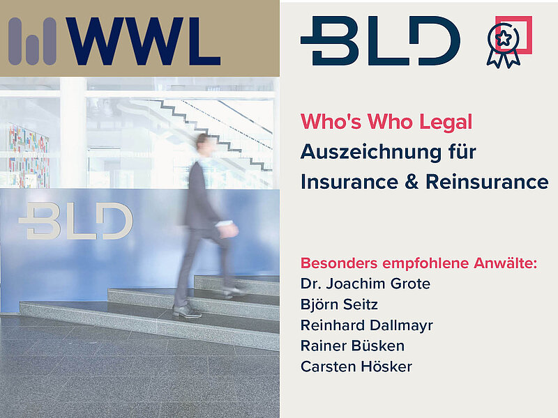 Das Bild stellt eine Grafik dar zur Auszeichung WWL für Insurance & Reinsurance dar. Folgende Anwältr werden dort empfohlen Dr. Joachim Grote, Björn Seitz, Bastian Finkel, Reinhard Dallmayr, Rainer Büsken und Carsten Hösker.